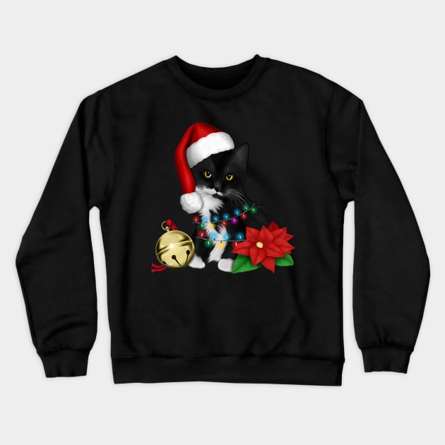 Black Cat Santa Tangled Up In Christmas Lights Crewneck Sweatshirt by CardRingDesign